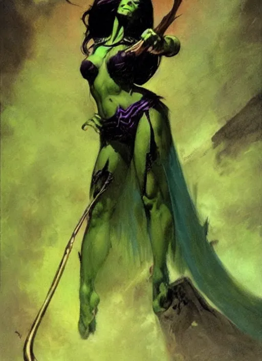 Image similar to mighty female necromancer sorceress, green tiara, strong line, deep color, beautiful! coherent! by frank frazetta, by brom, low angle