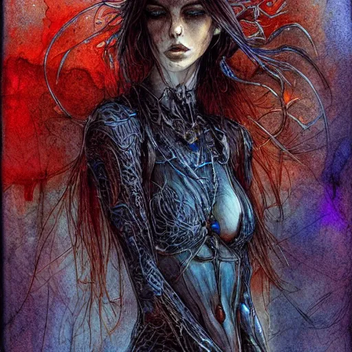 Prompt: the brittle. digital painting, vertical, intricate, beautiful, detailed, grunge, illustration, abstract art by luis royo and milo manara, trending on artstation. blue, dark red and dark purple color scheme, gradient darker to bottom