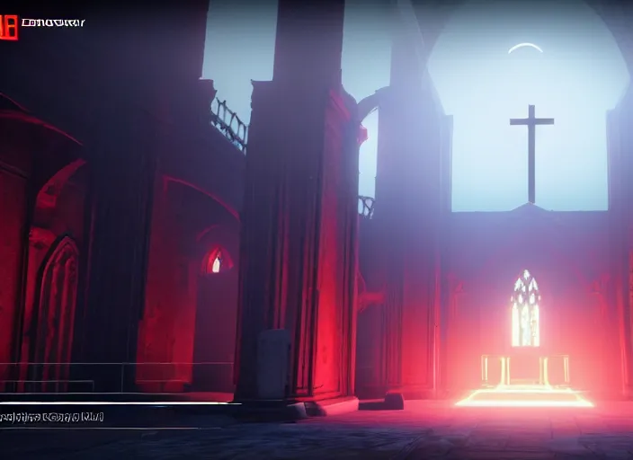 Image similar to ancient church with red shafts of light in destiny 2, foggy, liminal, dark, dystopian, beautiful architecture, abandoned, highly detailed 4 k 6 0 fps in - game destiny 2 gameplay screenshot leak