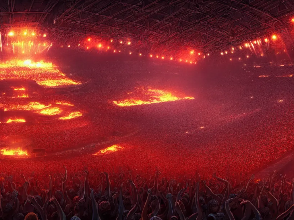 Image similar to a large concert stadium in hell, brightly lit stage centered and on fire, high contrast, stage lighting, pyrotechnics, ghibli animated film, volumetric lighting, octane render by stanley artgerm lau, greg rutkowski, thomas kindkade, alphonse mucha, loish, norman rockwel,