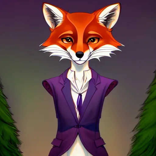 Prompt: don bluth, artgerm, artstation, clockpunk anthropomorphic fox girl, purple vest, smiling, symmetrical eyes symmetrical face, bright colorful forest background