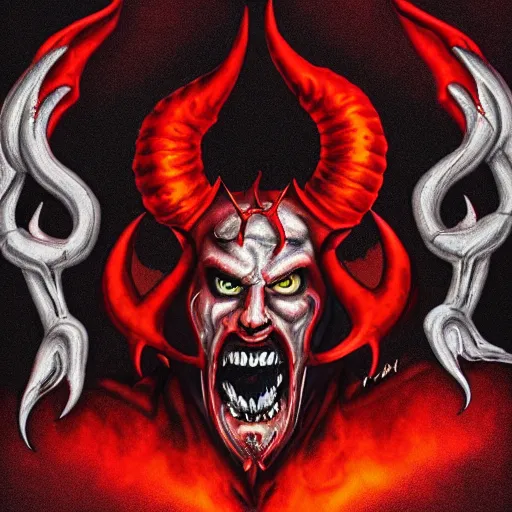 Image similar to the _ devil _ holding _ a _ skull _ red _ horns _ ominous _ fiery _ background _ symmetrical _ detailed _ face _ despair _ highly _ detailed _ high _ resolution _ sandro _ botticel