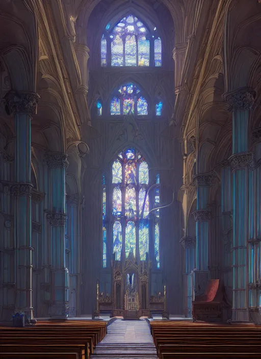 Image similar to highly detailed church, stephen bliss, unreal engine, greg rutkowski, loish, rhads, beeple, makoto shinkai and lois van baarle, ilya kuvshinov, rossdraws, tom bagshaw, alphonse mucha, global illumination, radiant light, detailed and intricate environment