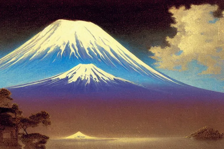 Prompt: a comet over mount fuji, painted by albert bierstadt