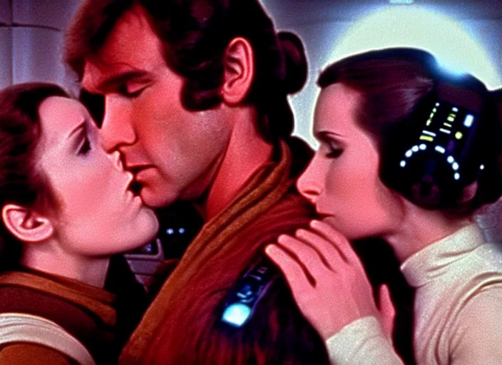 Image similar to screenshot of Han Solo kissing Princess Leia Organa, alone, pensive, iconic scene from 1970s Star Wars film directed by Stanley Kubrick, in a sci fi nursing home architecture, last jedi, 4k HD, cinematic still frame, photoreal, beautiful portraits, moody lighting, stunning cinematography, anamorphic lenses, kodak color film stock