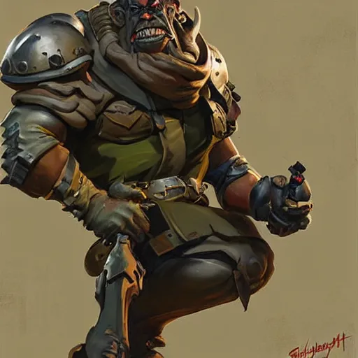 Image similar to greg manchess digital painting of a ruggedly handsome old dieselpunk orc general with olive green skin sitting in his office, overwatch character, organic painting, matte painting, bold shapes, hard edges, street art, trending on artstation, by huang guangjian and gil elvgren and sachin teng