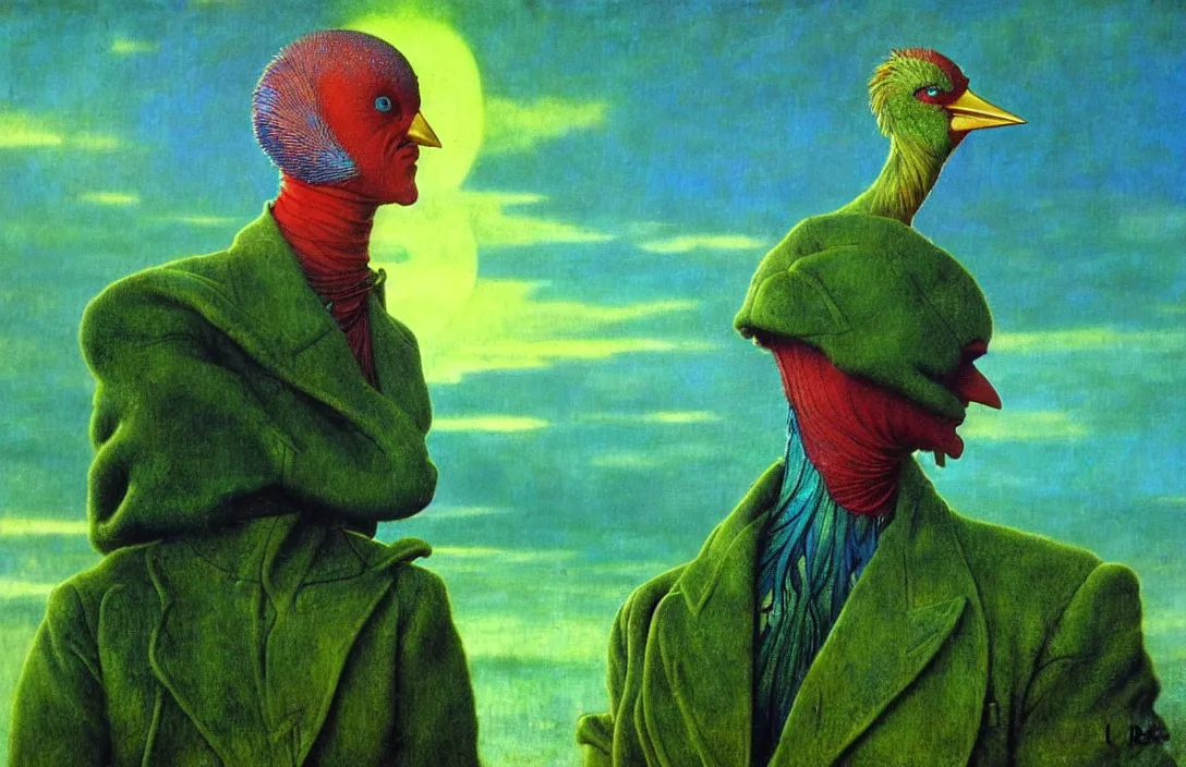 Prompt: realistic detailed portrait movie shot of a birdman wearing green leather coat, sci fi city sunset landscape background by denis villeneuve, amano, yves tanguy, alphonse mucha, ernst haeckel, max ernst, roger dean, masterpiece, rich moody colours, blue eyes