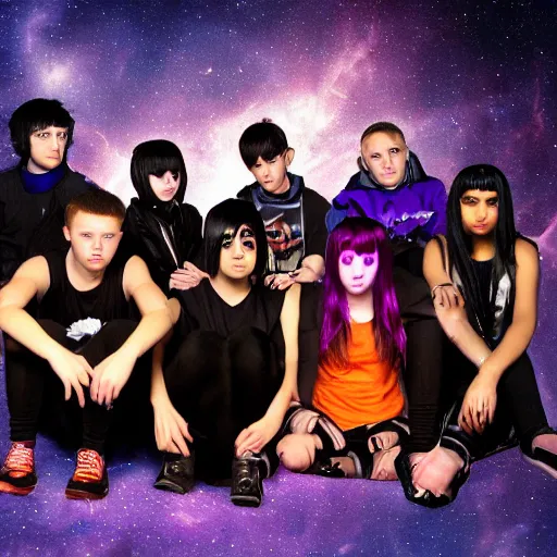 Image similar to group shot of depressed teenagers with emo haircuts wearing gothy purple and black spandex suits, sitting next to smashed burning spacecraft wreckage, on the orange surface of mars, highly detailed, dramatic lighting, photorealistic, cinematic