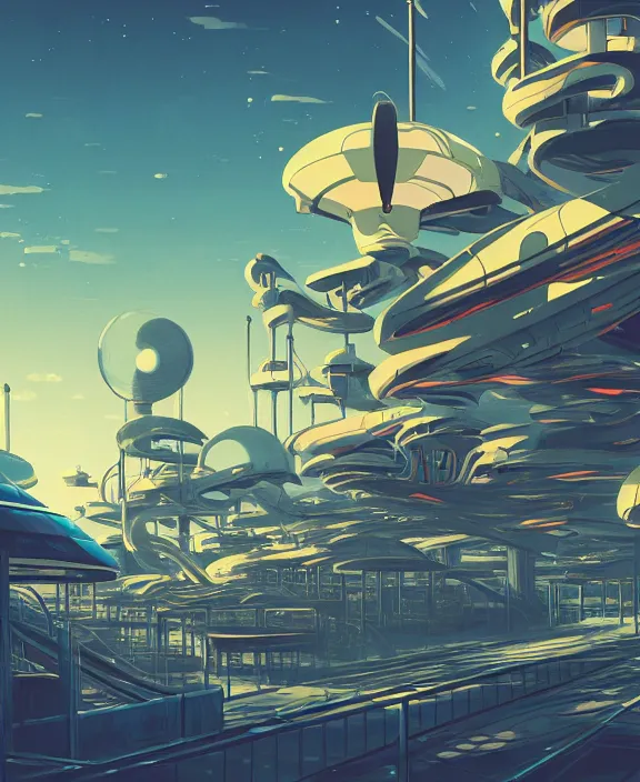 Prompt: simplicity, an amusement park made out of simple weird organic creatures, in the style of a streamlined asymmetrical spaceship, bleak apocalyptic environment, by dan mumford, yusuke murata, makoto shinkai, ross tran, cinematic, unreal engine, cel shaded, featured on artstation, pixiv