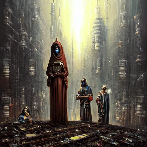 Image similar to beautiful detailed religious oil painting of robotic saints in an urban cyberpunk wasteland