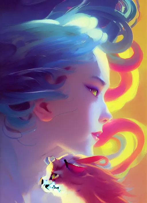 Prompt: side profile, cat humanoid, luminescent, colorful swirly magic ripples, pastel colors, by greg manchess, huang guangjian, gil elvgren, sachin teng, greg rutkowski, jesper ejsing, ilya kuvshinov