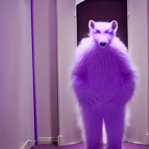 Image similar to a photo of a white fur monster standing in a purple room