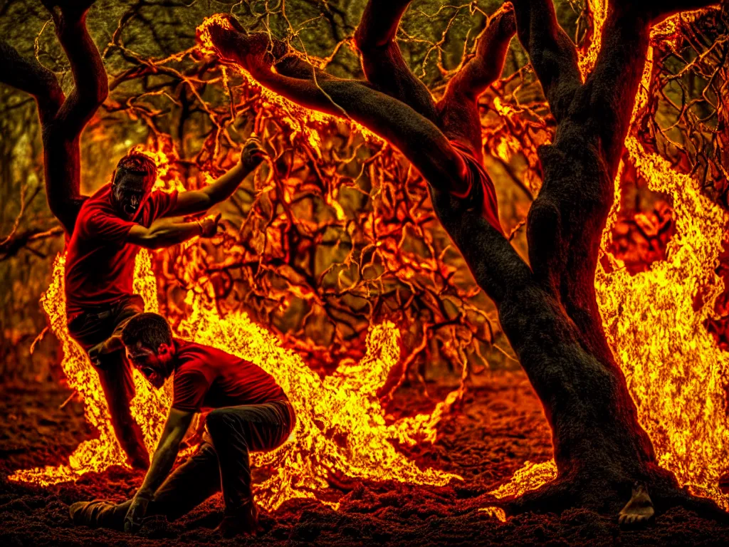 Image similar to award - winning color photo of a man painfully transforming into an oak tree, screaming in agony, blood, a blinding explosion in the background, the soil is on fire, chiaroscuro, awe, terror, beauty