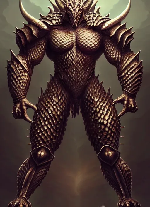 Image similar to muscular and tall humanoid dragon!!!! draconian!! intricate ornate heavy armor!! character concept art, sharp focus, octane render! unreal engine 5! highly rendered!! trending on artstation!! detailed linework!! illustration by artgerm, wlop, and chie yoshii