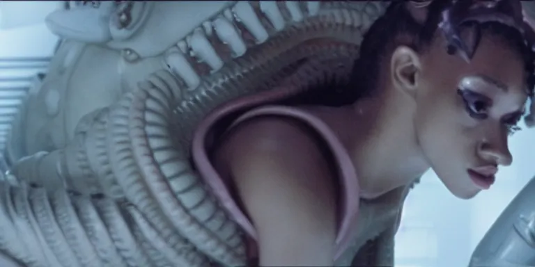 Prompt: film still of doja cat in Alien, xenomorph holding onto her tight, full-shot, 4k