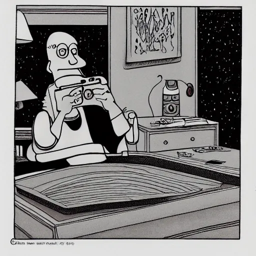 Prompt: dslr of a farside comic person drawn by gary larson, perfect symmetry, intricate, masterpiece, grayscale