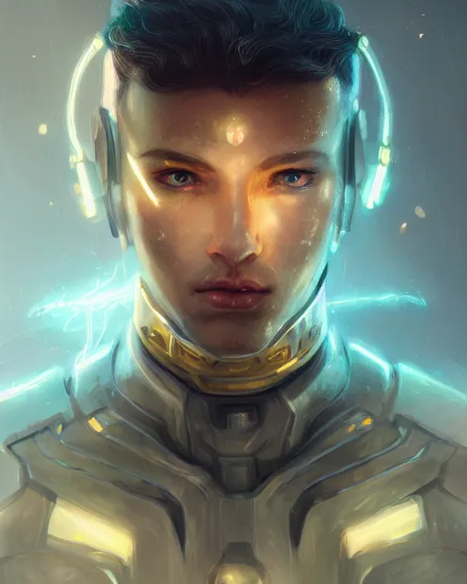 Image similar to portrait of handsome guy in cyber armor, dreamy and ethereal, expressive pose, gold eyes, resolute expression, fantasy, intricate, elegant, many lightning, cold color, highly detailed, digital painting, artstation, concept art, cyberpunk wearing, smooth, sharp focus, led, illustration.