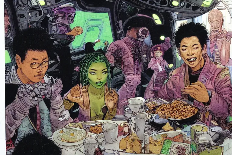 Image similar to asian people and black people and green - skinned humanoids eating breakfast aboard a cyberpunk spaceship, by michael wm kaluta