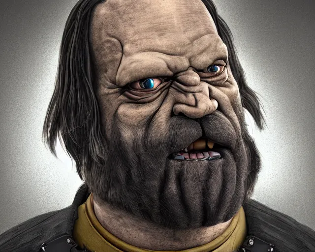 Image similar to homer simpson as sandor clegane, character art, by various concept artists, redshift render, hyperrealistic face, photorealistic render