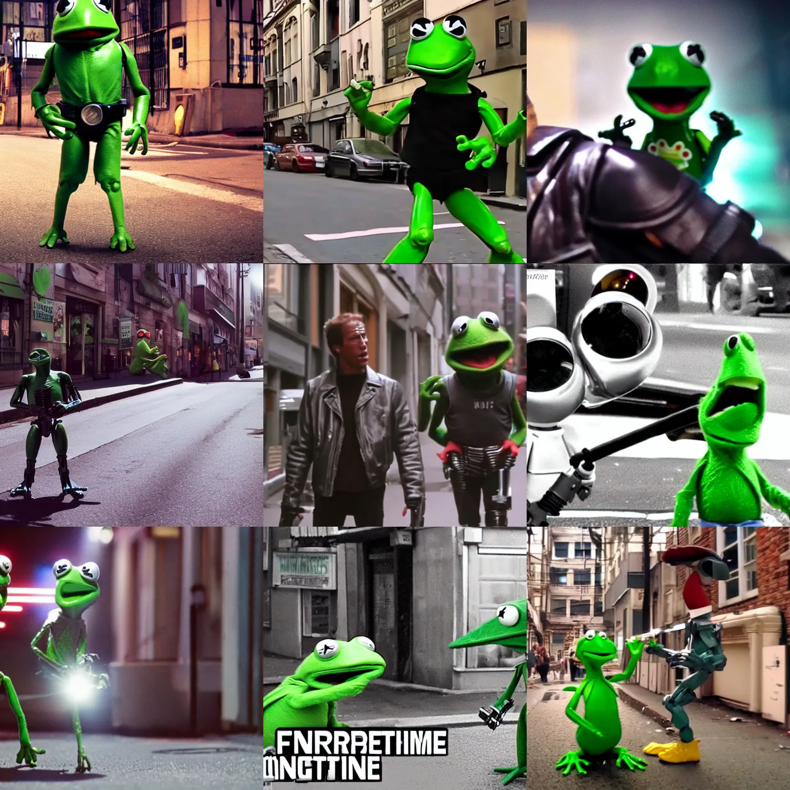 Prompt: The Terminator fighting against Kermit the frog in street, full head, style film