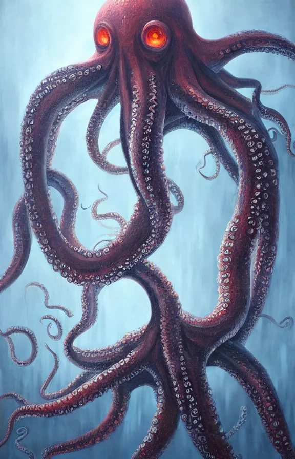 Prompt: a giant octopus monster moving through a foggy and dim city, extremely detailed!!! oil painting, dull palette