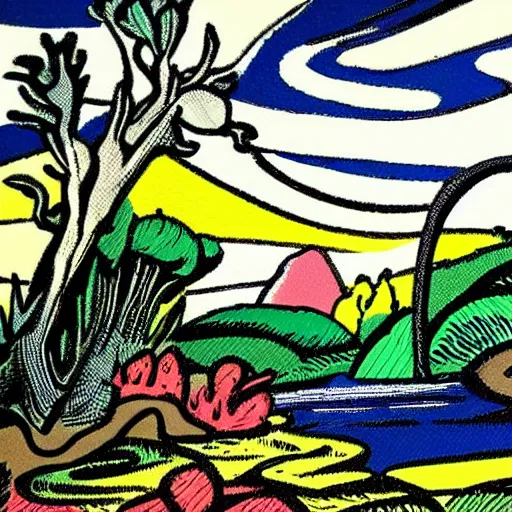 Prompt: painting of a lush natural scene on an alien planet by roy lichtenstein. beautiful landscape. weird vegetation. cliffs and water.