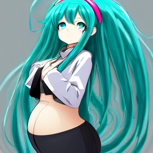 Prompt: hatsune miku pregnant in third trimester, high quality anime art in full growth, by ixima