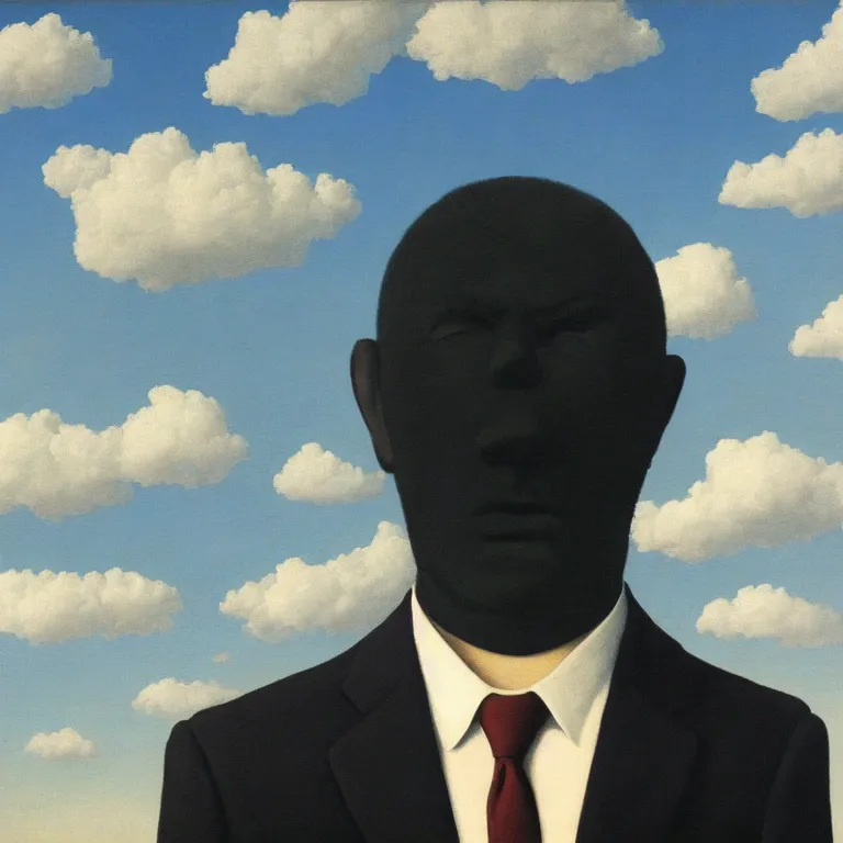 Image similar to portrait of a faceless shadow - head man in a suit, clouds in the background, by rene magritte, detailed painting, distance, middle centered, hd, hq, high resolution, high detail, 4 k, 8 k