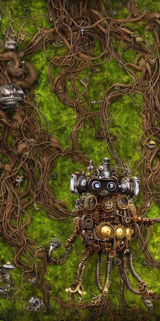 Image similar to a steampunk robot with mushrooms growing out of it's head, intertwined with fungus and vines, overgrown, moss, mycelium, detailed, 4 k, trending in artstation
