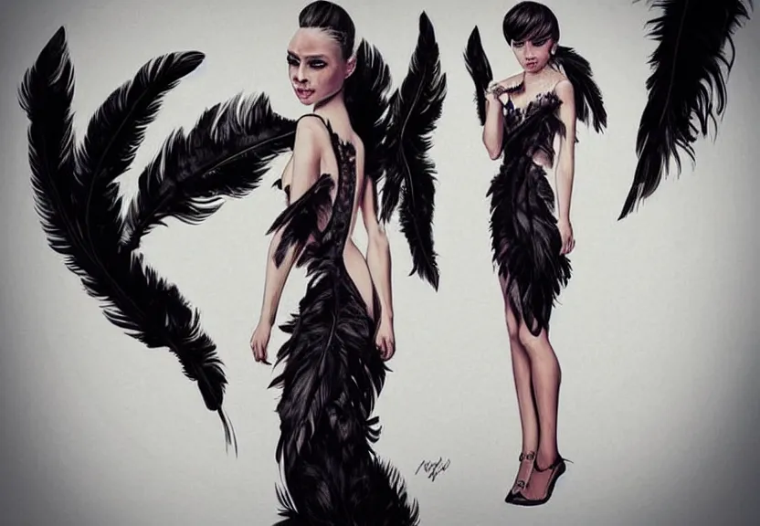 Image similar to beautiful girl with a short black haircut wearing a dress made of black feathers, artwork in artgerm art style, anatomically perfect