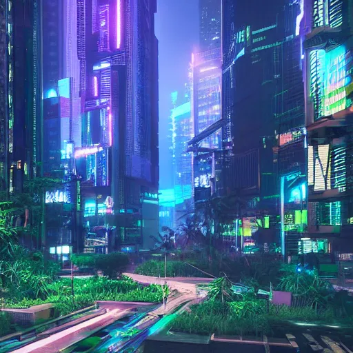 Image similar to Cyberpunk city in a lush bamboo forest, neon, trees, moody, Octane Render, HD, unreal engine, artstation trending, highly detailed