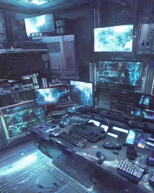 Image similar to artstation scifi scene of a complex computer workstation in a small studio apartment room, many monitors, many electronics, a window view, a tall floor plant, very detailed, maximalism, ambient occlusion, volumetric light, atmospheric haze, unreal engine, hyper realism, realistic shading, cinematic composition, realistic render, octane render, detailed textures, photorealistic, wide shot