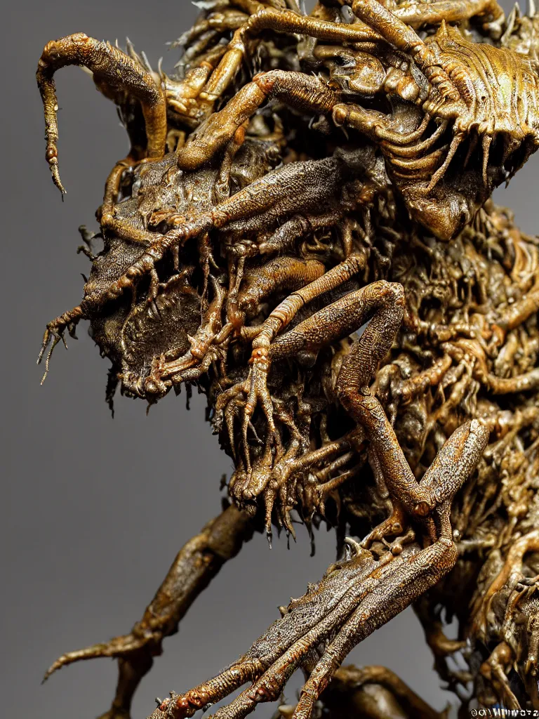 Prompt: photo taken of an epic intricate, ultra detailed, super realistic gritty, wet, slimy, lifelike sculpture of a nightmarish hellish insectoid creature created by weta workshop, menacing, some zoomed in shots, photorealistic, sharp focus, white wall coloured workshop, extremely cold blueish colour temperature, f 0. 4, full body shot, golden ratio