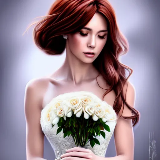 Image similar to portrait of a gorgeous woman holding a bouquet of roses, auburn hair, intricate, white dress, elegant, highly detailed, 8 k, art by artgerm, mark hill