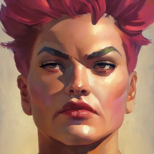 Image similar to greg manchess portrait of zarya from overwatch in disco elysium, fantasy, medium shot, asymmetrical, profile picture, organic painting, sunny day, matte painting, bold shapes, hard edges, street art, trending on artstation, by huang guangjian and gil elvgren and sachin teng