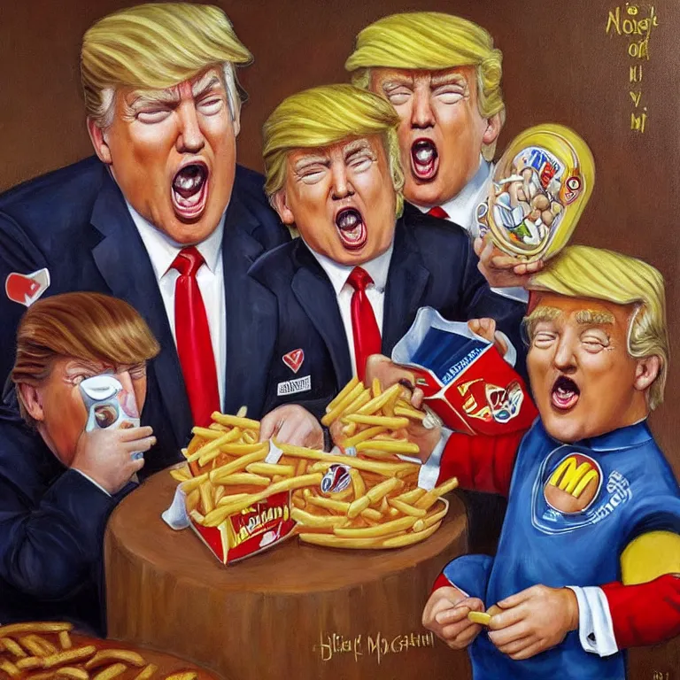 Prompt: a jon mcnaughton painting of donald trump eating a happy meal at mcdonald's