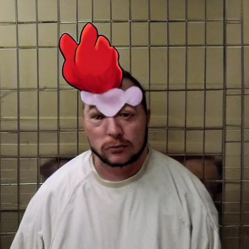 Image similar to inmate wearing chicken face and chicken head