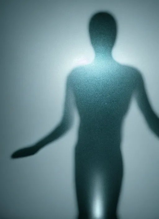 Image similar to fractal human silhouette, large diffused glowing aura, long exposure, film grain, cinematic lighting, blurry, concept art