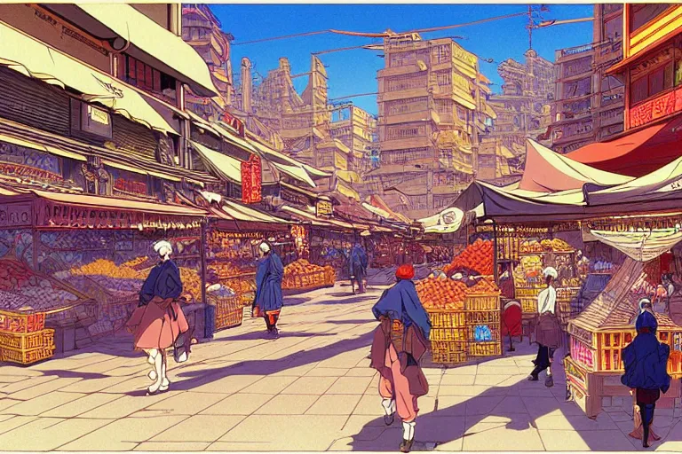 Image similar to cel shaded study of a busy market in a fantasy late renaissance city, key visual with intricate linework, in the style of moebius, ayami kojima, 90's anime, retro fantasy