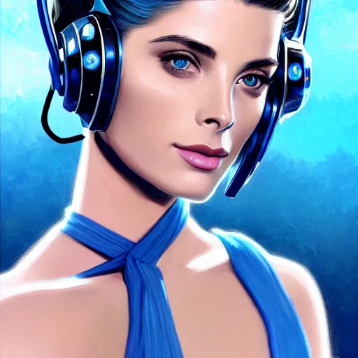 Image similar to Ashley Greene's face combined with Grace Kelly's face with blue hair wearing Power Armor and a headset, western, D&D, fantasy, intricate, elegant, highly detailed, digital painting, artstation, concept art, matte, sharp focus, illustration, art by Artgerm and Greg Rutkowski and Alphonse Mucha