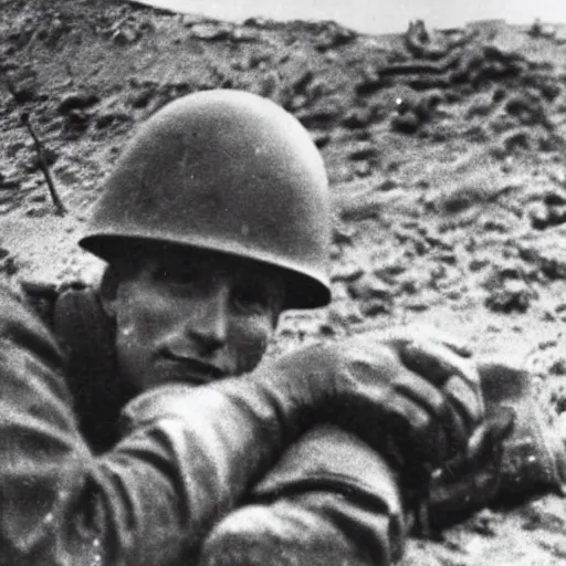 Prompt: a photo taken from a trench showing a nuclear explosion in the distance, a german soldier wearing a ww 2 stahlhelm is laying on the ground and looking at the explosion, realistic, taken on a ww 2 camera.