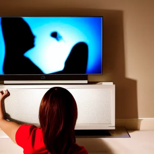 Prompt: Over the shoulder shot of a woman watching tv at night. The T.V. is illuminating a disturbing grey figure.