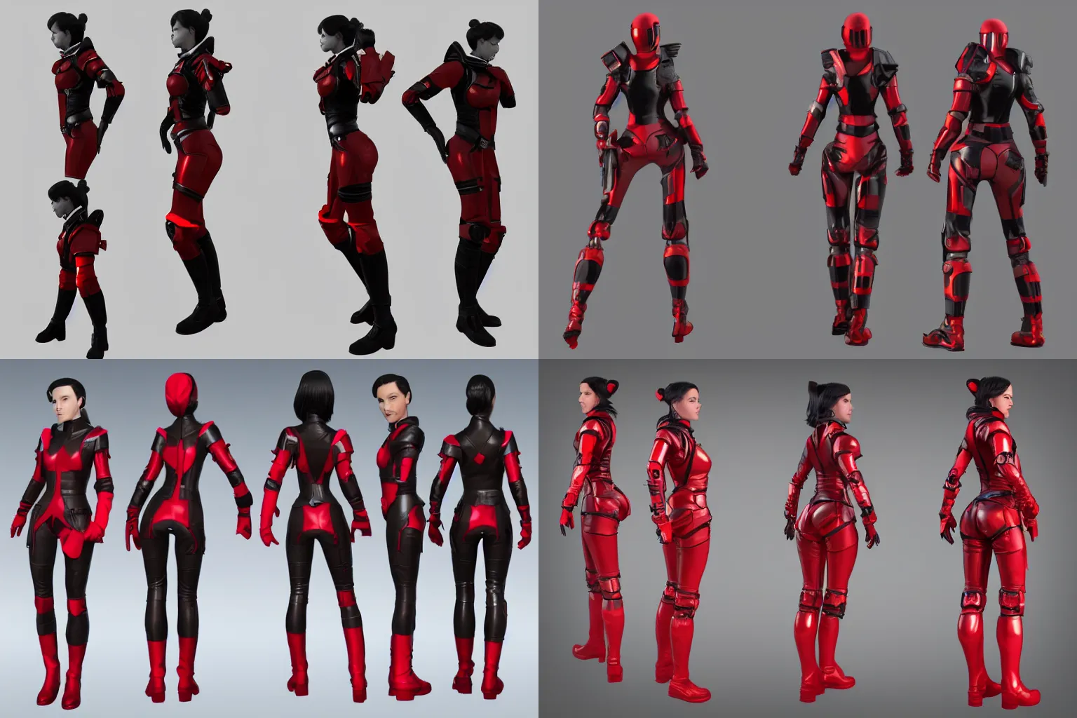 Prompt: 3d model tpose turnaround of female sci fi character with black hair and red armored space outfit with stylized proportions