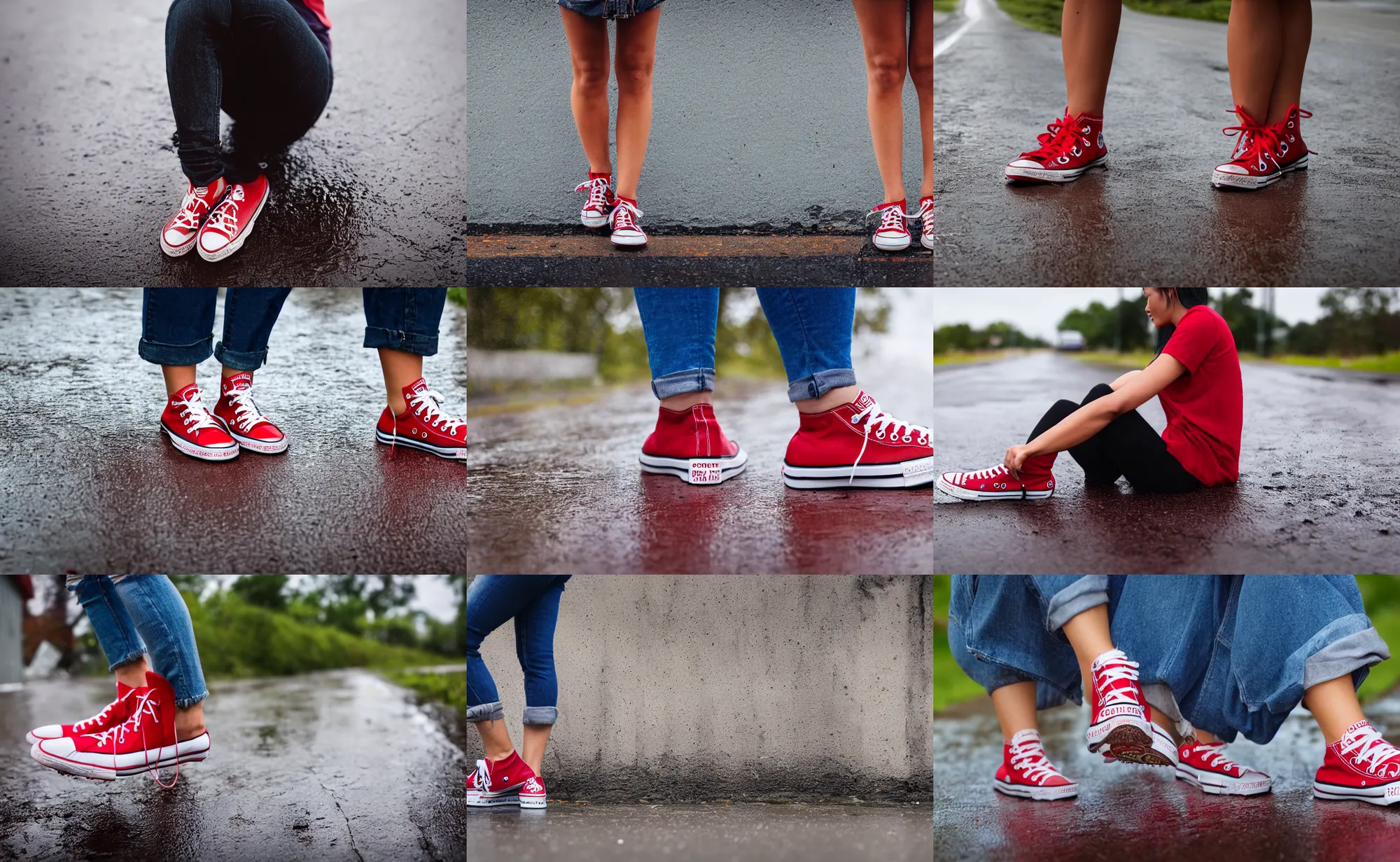 Prompt: side view of the legs of a woman sitting on a curb, wearing red converse shoes, wet aslphalt road after rain, blurry background, sigma 8 5 mm