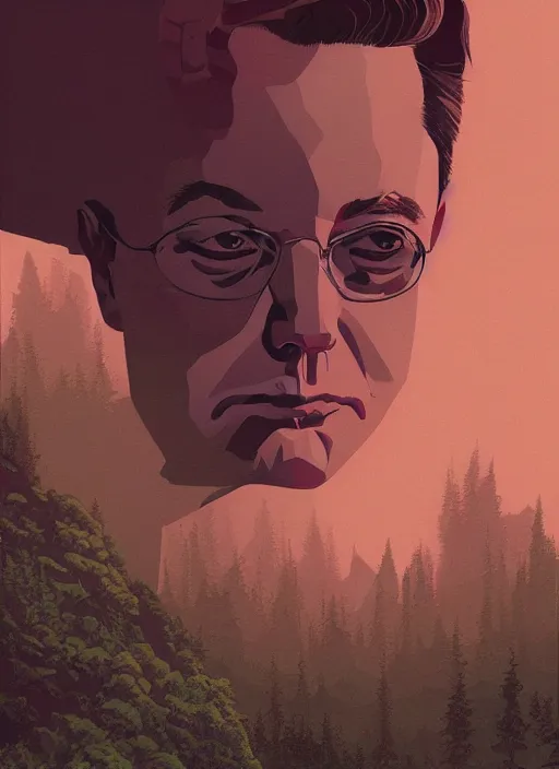 Prompt: Twin Peaks poster artwork by Michael Whelan and Tomer Hanuka, Rendering of inside the mind of Elon Musk, full of details, by Makoto Shinkai and thomas kinkade, Matte painting, trending on artstation and unreal engine