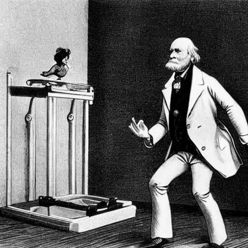 Prompt: Charles Darwin playing wii fit