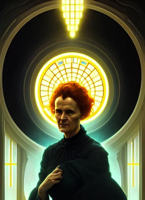 Image similar to symmetry!! portrait of marie curie female, sci - fi, glowing lights!! intricate, elegant, highly detailed, digital painting, artstation, concept art, smooth, sharp focus, illustration, art by artgerm and greg rutkowski and alphonse mucha, 8 k