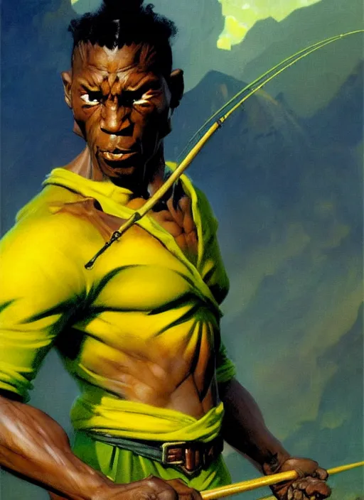 Prompt: magic : the gathering fantasy character concept art by frank frazetta and marco bucci, high resolution. a clear portrait of an athletic male jamaican, wearing yellow green calico clothing, holding a fishing rod, shores of jamaica in the background, symmetry, fantasy coloring, intricate, 8 k, digital painting, artstation, smooth, sharp focus