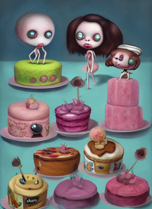 Image similar to fnafs eating cakes painted by mark ryden, detailed digital art, trending on Artstation