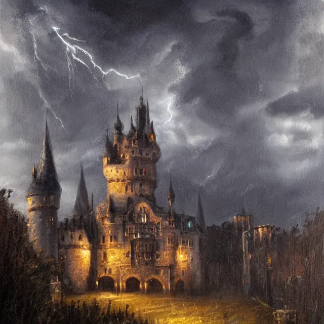 Image similar to high detail, well maintained castle with moody lighting, far away - shot from the front gate courtyard with lightning in the background, oil painting in the style of seb mckinnon